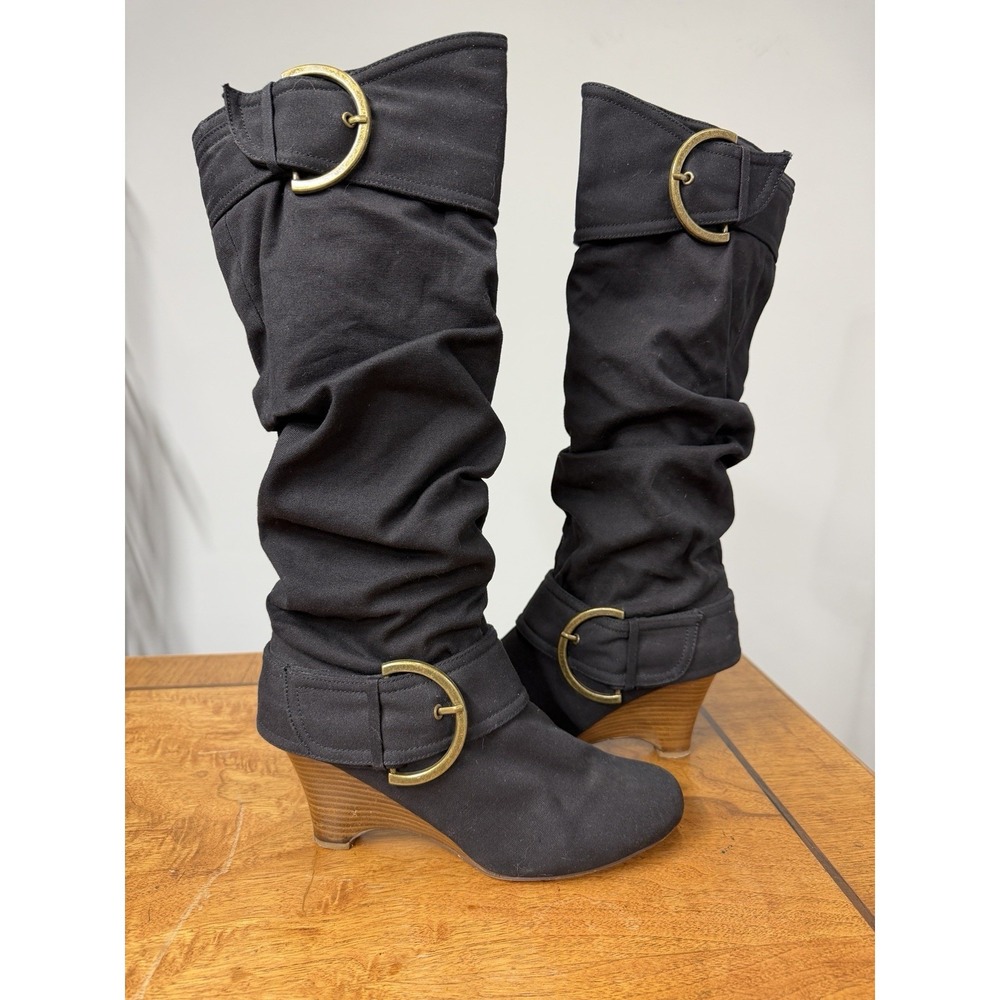 Vtg Naughty Monkey Women's 9 Black Canvas Wedge Boots Double Buckles Tall Zip